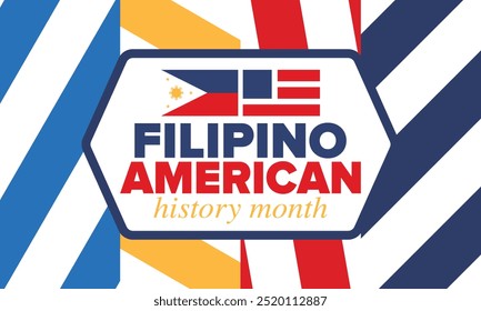 Filipino American History Month. Happy holiday celebrate annual in October. Filipinos and United States flag. Culture month. Patriotic design. Poster, card, banner, template. Vector illustration