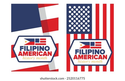 Filipino American History Month. Happy holiday celebrate annual in October. Filipinos and United States flag. Culture month. Patriotic design. Poster, card, banner, template. Vector illustration