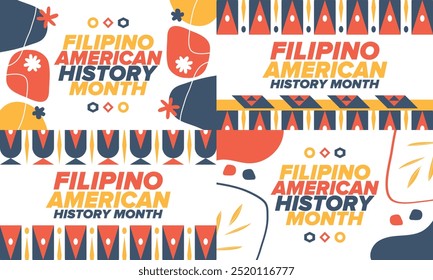 Filipino American History Month. Happy holiday celebrate annual in October. Filipinos and United States flag. Culture month. Patriotic design. Poster, card, banner, template. Vector illustration