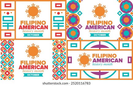 Filipino American History Month. Happy holiday celebrate annual in October. Filipinos and United States flag. Culture month. Patriotic design. Poster, card, banner, template. Vector illustration