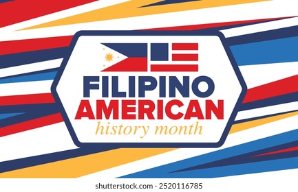 Filipino American History Month. Happy holiday celebrate annual in October. Filipinos and United States flag. Culture month. Patriotic design. Poster, card, banner, template. Vector illustration