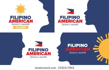 Filipino American History Month. Happy holiday celebrate annual in October. Filipinos and United States flag. Culture month. Patriotic design. Poster, card, banner, template. Vector illustration