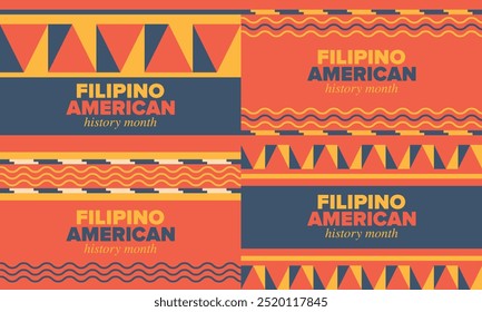 Filipino American History Month. Happy holiday celebrate annual in October. Filipinos and United States flag. Culture month. Patriotic design. Poster, card, banner, template. Vector illustration