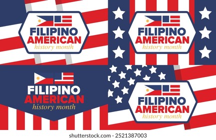 Filipino American History Month. Happy holiday celebrate annual in October. Filipinos and United States flag. Culture month. Patriotic design. Poster, card, banner, template. Vector illustration