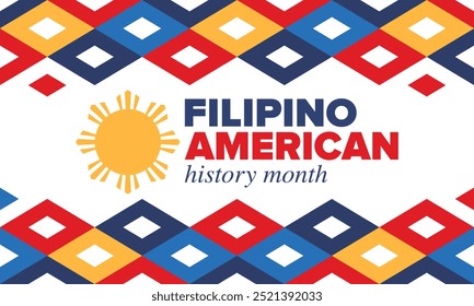 Filipino American History Month. Happy holiday celebrate annual in October. Filipinos and United States flag. Culture month. Patriotic design. Poster, card, banner, template. Vector illustration