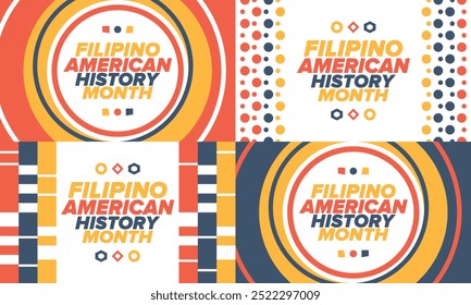 Filipino American History Month. Happy holiday celebrate annual in October. Filipinos and United States flag. Culture month. Patriotic design. Poster, card, banner, template. Vector illustration