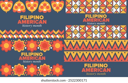 Filipino American History Month. Happy holiday celebrate annual in October. Filipinos and United States flag. Culture month. Patriotic design. Poster, card, banner, template. Vector illustration