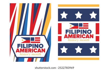 Filipino American History Month. Happy holiday celebrate annual in October. Filipinos and United States flag. Culture month. Patriotic design. Poster, card, banner, template. Vector illustration