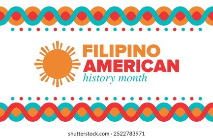 Filipino American History Month. Happy holiday celebrate annual in October. Filipinos and United States flag. Culture month. Patriotic design. Poster, card, banner, template. Vector illustration