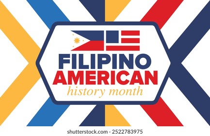 Filipino American History Month. Happy holiday celebrate annual in October. Filipinos and United States flag. Culture month. Patriotic design. Poster, card, banner, template. Vector illustration