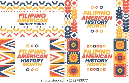 Filipino American History Month. Happy holiday celebrate annual in October. Filipinos and United States flag. Culture month. Patriotic design. Poster, card, banner, template. Vector illustration