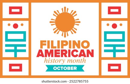 Filipino American History Month. Happy holiday celebrate annual in October. Filipinos and United States flag. Culture month. Patriotic design. Poster, card, banner, template. Vector illustration