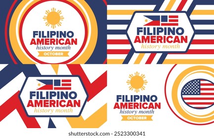 Filipino American History Month. Happy holiday celebrate annual in October. Filipinos and United States flag. Culture month. Patriotic design. Poster, card, banner, template. Vector illustration