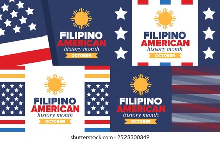 Filipino American History Month. Happy holiday celebrate annual in October. Filipinos and United States flag. Culture month. Patriotic design. Poster, card, banner, template. Vector illustration