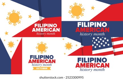 Filipino American History Month. Happy holiday celebrate annual in October. Filipinos and United States flag. Culture month. Patriotic design. Poster, card, banner, template. Vector illustration