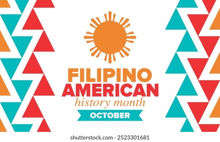 Filipino American History Month. Happy holiday celebrate annual in October. Filipinos and United States flag. Culture month. Patriotic design. Poster, card, banner, template. Vector illustration