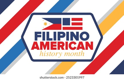 Filipino American History Month. Happy holiday celebrate annual in October. Filipinos and United States flag. Culture month. Patriotic design. Poster, card, banner, template. Vector illustration