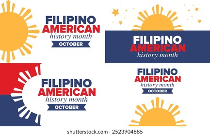 Filipino American History Month. Happy holiday celebrate annual in October. Filipinos and United States flag. Culture month. Patriotic design. Poster, card, banner, template. Vector illustration