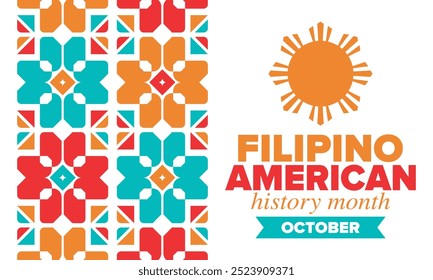 Filipino American History Month. Happy holiday celebrate annual in October. Filipinos and United States flag. Culture month. Patriotic design. Poster, card, banner, template. Vector illustration