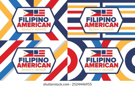 Filipino American History Month. Happy holiday celebrate annual in October. Filipinos and United States flag. Culture month. Patriotic design. Poster, card, banner, template. Vector illustration