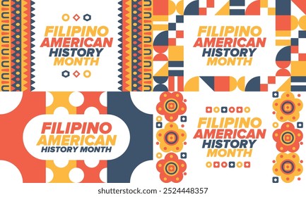 Filipino American History Month. Happy holiday celebrate annual in October. Filipinos and United States flag. Culture month. Patriotic design. Poster, card, banner, template. Vector illustration