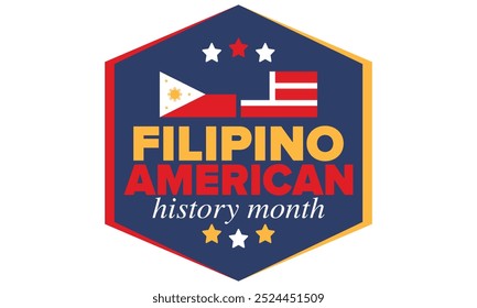 Filipino American History Month. Happy holiday celebrate annual in October. Filipinos and United States flag. Culture month. Patriotic design. Poster, card, banner, template. Vector illustration