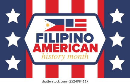 Filipino American History Month. Happy holiday celebrate annual in October. Filipinos and United States flag. Culture month. Patriotic design. Poster, card, banner, template. Vector illustration