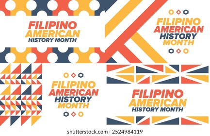 Filipino American History Month. Happy holiday celebrate annual in October. Filipinos and United States flag. Culture month. Patriotic design. Poster, card, banner, template. Vector illustration