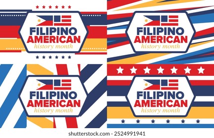 Filipino American History Month. Happy holiday celebrate annual in October. Filipinos and United States flag. Culture month. Patriotic design. Poster, card, banner, template. Vector illustration