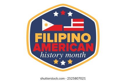 Filipino American History Month. Happy holiday celebrate annual in October. Filipinos and United States flag. Culture month. Patriotic design. Poster, card, banner, template. Vector illustration