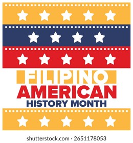 Filipino American History Month. Happy holiday celebrate annual in October. Filipinos and United States flag. Culture month. Patriotic design. Poster, card, banner, template. Vector illustration