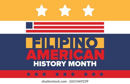 Filipino American History Month. Happy holiday celebrate annual in October. Filipinos and United States flag. Culture month. Patriotic design. Poster, card, banner, template. Vector illustration