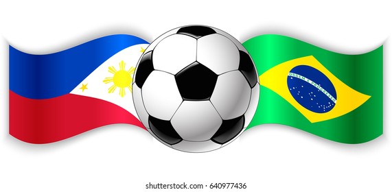 Filipino and Brazilian wavy flags with football ball. Philippines combined with Brazil isolated on white. Football match or international sport competition concept.