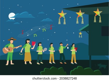 Filipino Caroling tradition outside a house during Christmas Season. Editable Clip Art.