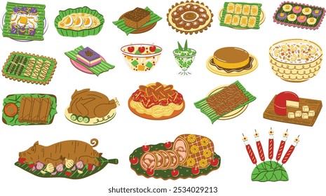 Filipino Christmas feast illustration set. Native delicacies and Filipino style dishes and desserts including spaghetti, lechon, lumpiang shanghai and more. Hand drawn vector illustrations.