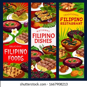 Filipino cuisine food, traditional dishes vector banners, restaurant menu with meat, seafood, vegetables and pastry dessert. Pochero soup, fried bananas in batter, mussels in coconut sauce