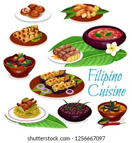 Filipino cuisine meat dishes and pastry dessert. Vector chicken rice adobo, pork and bean stews, meat egg roll, beef soup, eggplant omelette and mussels in coconut sauce, fried banana and apple bun