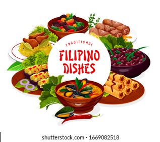 Filipino dishes vector frame. Asian cuisine food lump with meat, eggplant thalong, bicolar express, Filipino kidney beans, lumpia and mussels in coconut sauce, adobo with chicken isolated, round frame