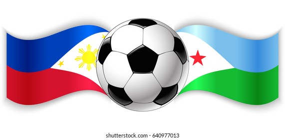 Filipino and Djiboutian wavy flags with football ball. Philippines combined with Djibouti isolated on white. Football match or international sport competition concept.