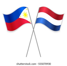 Filipino and Dutch crossed flags. Philippines combined with Netherlands isolated on white. Language learning, international business or travel concept.