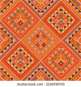 Filipino folk art Yakan cloth inspired vector seamless pattern, geometric textile or fabric print design from Philippines. Retro abstract ornament, vibrant emboidery decorative background in orange
