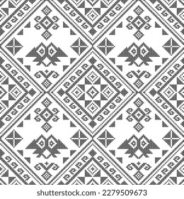 Filipino folk art - Yakan cloth inspired vector seamless pattern, traditional textile or fabric print design from Philippines in black and white. Retro geometric pattern, monochrome emboidery decor