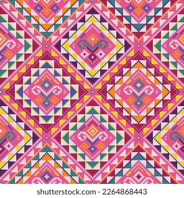 Filipino folk art Yakan waving cloth inspired vector seamless pattern on pink, geometric textile or fabric print design from Philippines. Retro abstract ornament, vibrant emboidery decorative  art