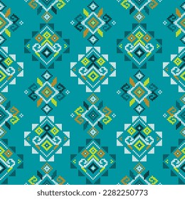 Filipino folk art Yakan waving cloth inspired vector seamless textile pattern on turquoise green geometric textile or fabric print design from Philippines. Retro abstract wallpaper ornament, vibrant 