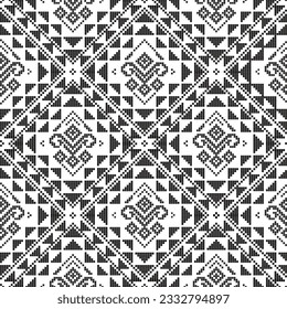 Filipino folk art Yakan waving cloth inspired vector seamless pattern n black and white, geometric textile or fabric print design from Philippines. Retro abstract ornament, vibrant emboidery 