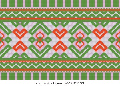 Filipino folk art Yakan waving cloth inspired vector seamless pattern on pink, geometric textile or fabric print design from Philippines. Retro abstract ornament, vibrant emboidery decorative  art