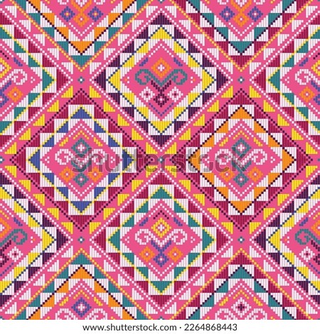 Filipino folk art Yakan waving cloth inspired vector seamless pattern on pink, geometric textile or fabric print design from Philippines. Retro abstract ornament, vibrant emboidery decorative  art Stock fotó © 