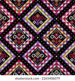 Filipino folk art Yakan weaving inspired vector seamless pattern with geometric motif on black for textile or fabric print design. Retro tapestry abstract design from Philippines, vibrant ornament