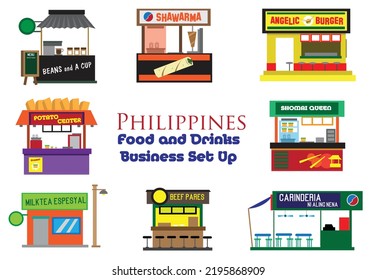 Filipino Food Carts And Pop Up Small Shops. Editable Clip Art.