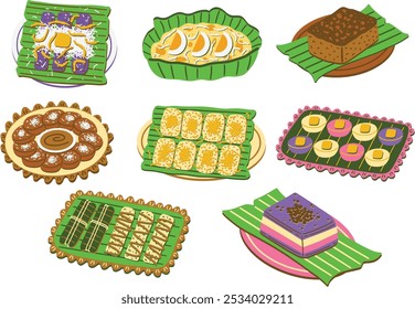 Filipino kakanin or rice cakes. Native delicacies, traditional snacks and desserts. Puto bumbong, bibingka, biko, kutsinta, pichi pichi, puto, suman, and sapin sapin. Hand drawn vector illustrations.